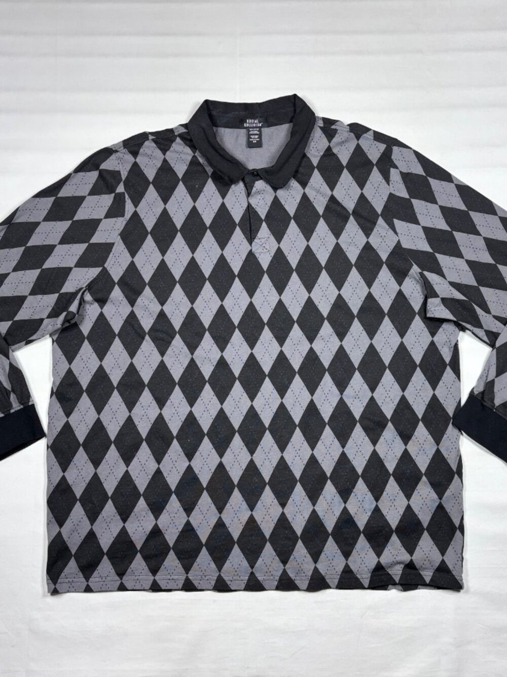 Social Collision Mens 3XL Argyle Long Sleeve Polo Shirt Black Gray Emo Alt Rock